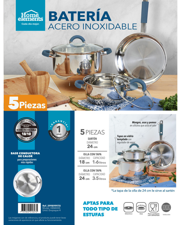BATERIA ACERO 5 PIEZAS HEBA5SS