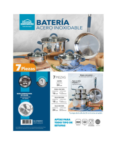 BATERIA 7 PZAS ACERO INOX ACC SILICONA HEBA7SS