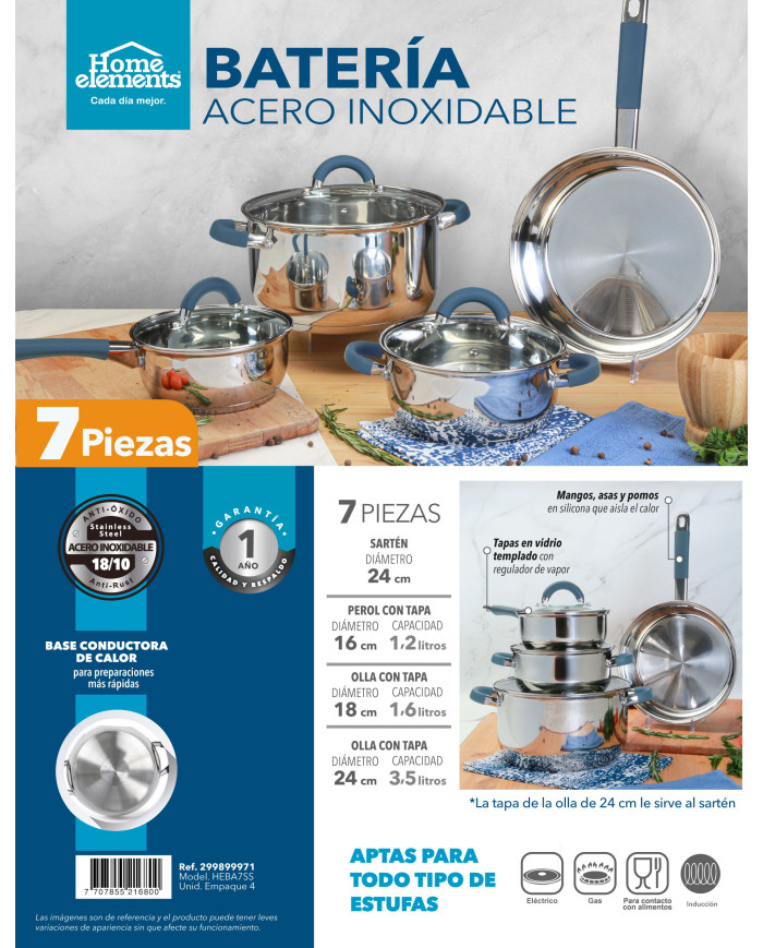 BATERIA 7 PZAS ACERO INOX ACC SILICONA HEBA7SS