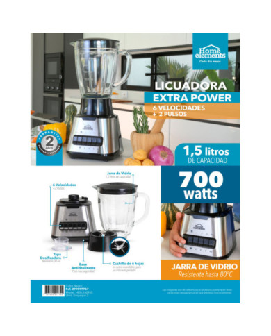 LICUADORA 6 VEL + 2 PULSOS 1.5L JARRA VIDRIO 700W HEBL1409SS
