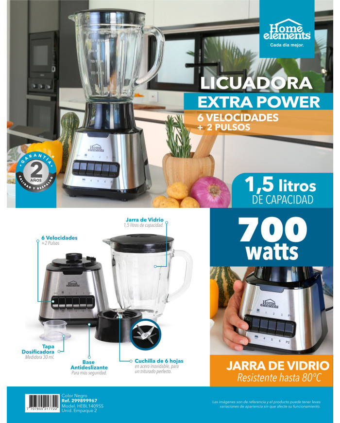 LICUADORA 6 VEL + 2 PULSOS 1.5L JARRA VIDRIO 700W HEBL1409SS