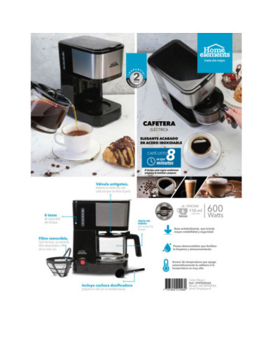 CAFETERA 6 TAZAS NEGRA V/VIDRIO HECM9420SS