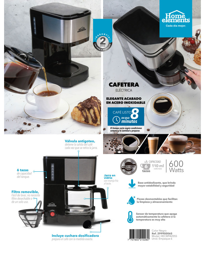 CAFETERA 6 TAZAS NEGRA V/VIDRIO HECM9420SS