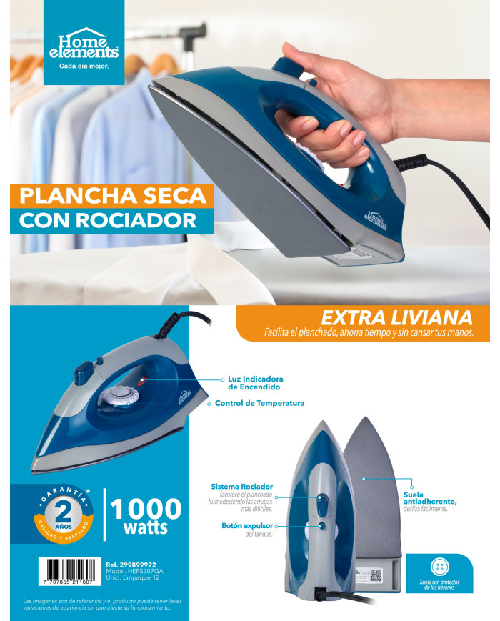 PLANCHA SECA CON ROCIADOR GRIS - AZUL HEPS207GA